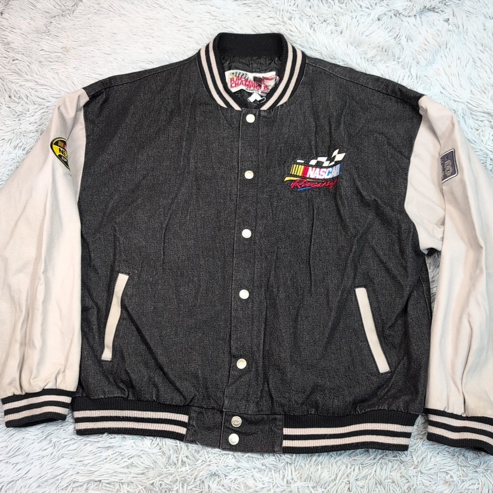 Vintage‎ Nascar Jacket Mens XXL Denim Racing Champions Patches Pockets Snap Up